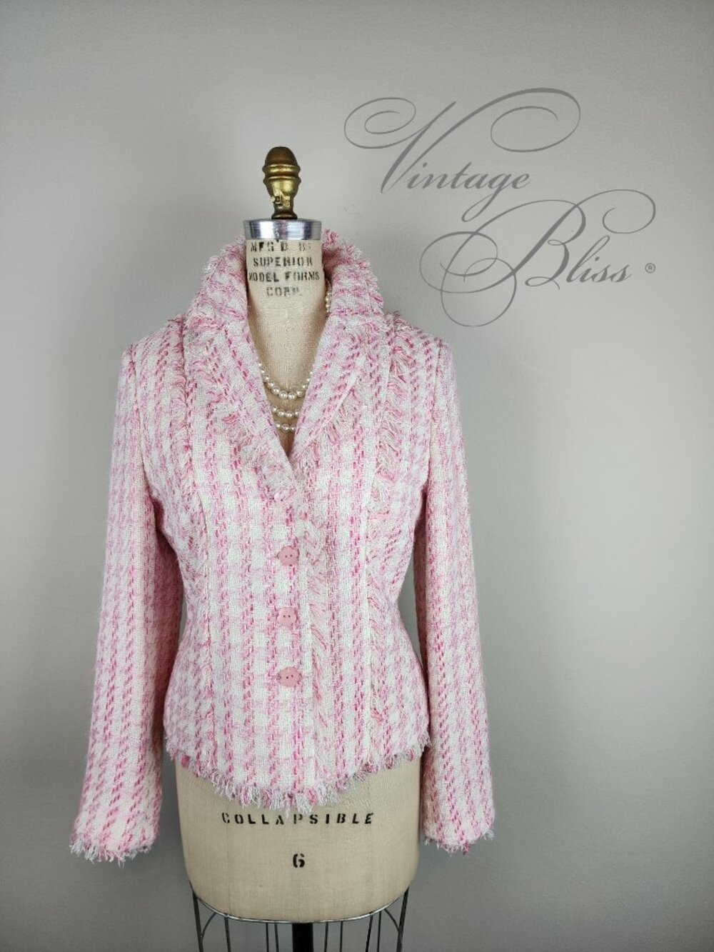 Barbie Pink & White Silk Boucle Classic Textured Tweed Blazer Jacket * Medium